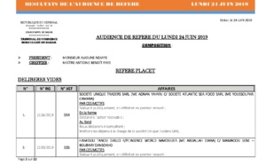 Délibérés - Audience des Référés de ce lundi 24 juin 2019