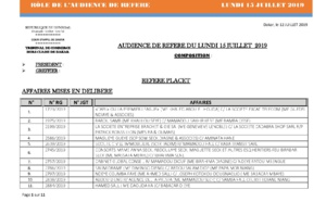 Tribunal du Commerce: Audiences des Référés de ce lundi 15 juillet 2019