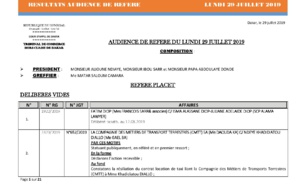 Tribunal du Commerce: Délibérés des Audiences du lundi 29 juillet 2019