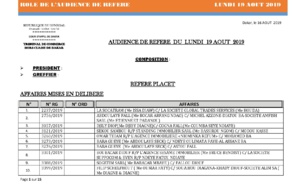 Tribunal du Commerce: Audiences des Référés de ce lundi 19 août 