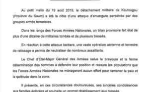 Burkina: Plus d'une dizaine de militaires tués dans une «attaque d'envergure»