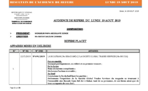 Tribunal du Commerce: Délibérés des Audiences du lundi 19 août 2019