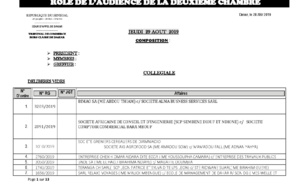 Tribunal du Commerce: Audiences de la 2e Chambre de ce jeudi 29 août