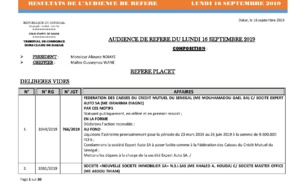 Tribunal du Commerce: Délibérés des Audiences du lundi 16 septembre