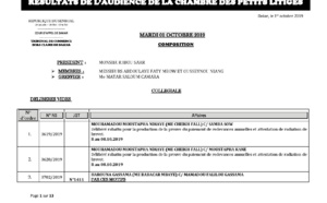 Tribunal du Commerce: Délibérés des Audiences de la Chambre des Petits Litiges du mardi 1 octobre