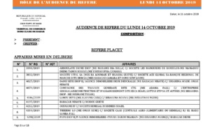 Tribunal du Commerce: Audiences des Référés de ce lundi 14 octobre 