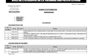 Tribunal du Commerce: Audiences de la Chambre des Petits Litiges de ce mardi 15 octobre