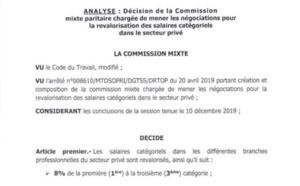 Salaires dans le privé: Une hausse entre 5 et 8% à partir de janvier 2020 (documents)