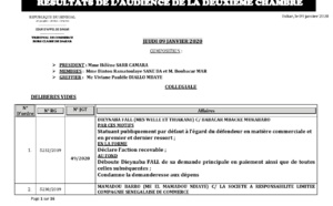 Tribunal du Commerce: Délibérés des Audiences de la 2e Chambre du jeudi 9 janvier