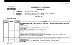 Tribunal du Commerce: Délibérés des Audiences du mercredi 12 février