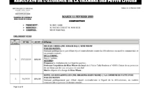 Tribunal du Commerce: Délibérés des Audiences de la Chambre des Petits Litiges du mardi 11 février