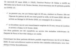 Coronavirus: l'Institut Pasteur notifie au Ministère de la Santé et de l'Action sociale, 2 autres nouveaux cas de patients testés positifs
