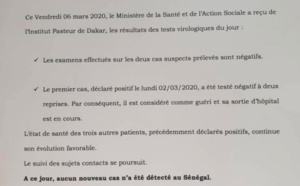 Coronavirus: Le premier patient testé positif au Sénégal est guéri