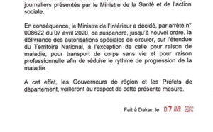 Covid 19- Autorisation de circuler sur l'étendue du territoire: Le Ministre de l'Intérieur suspend sa délivrance jusqu'à nouvel ordre