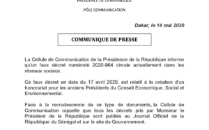 La Cellule de Communication de la Présidence de la République informe qu'un faux décret numéroté 2020-964 circule actuellement dans les réseaux sociaux