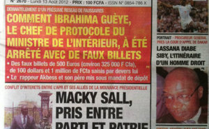 A la Une du Journal L'Observateur du 13 Août