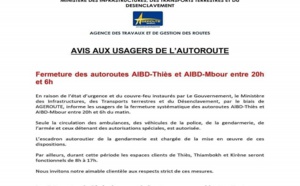 Mesures d’urgence: Les autoroutes à péage AIDB-Thiès et AIDB-Mbour fermées de 20h à 06 h du matin