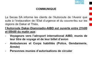 État d’urgence et couvre-feu: La SECAA annonce l’ouverture de l’Autoroute de l’Avenir de 21h à 5h aux...