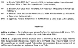 La Présidence sort le décret qui proroge le couvre-feu à Dakar et à Thiès pour un mois