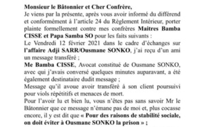 Voici le document qui confirme la plainte de Me Dior Diagne contre Me Bamba Cissé