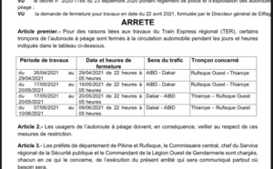 Travaux du TER: Un arrêté fixe les jours et heures de fermeture de l’autoroute à péage