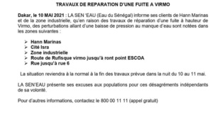 Distribution de l'eau: Sen'Eau annonce des perturbations dans certaines zones