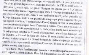 Article de presse datant d'août 94: Le Grand Serigne Pape Ibrahima Diagne a été condamné à une peine de six mois pour escroquerie 