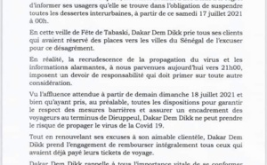 TRANSPORT: DAKAR DEM DIKK SUSPEND SES LIGNES A CAUSE DU COVID