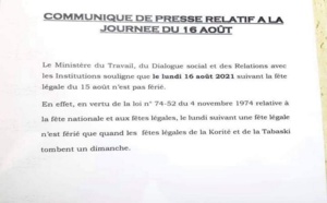 Décision du Ministère du Travail : « Au boulot !  Le 16 août n’est pas férié ! »