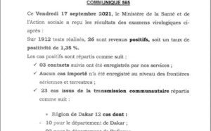 Covid 19: 26 nouvelles contaminations, 390 guérisons, 10 cas graves et 1 décès