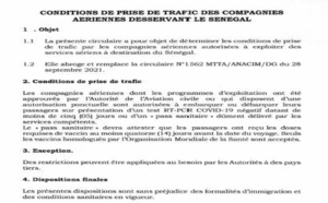 Trafic des compagnies aériennes desservant le Sénégal : les conditions de reprise et ses restrictions pouvant  être appliquées  à des pays tiers