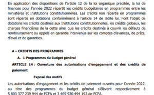 Finances pour l'année 2022: Ce qu'il faut savoir sur les dispositions aux crédits des programmes et dotations (Document, partie 1)