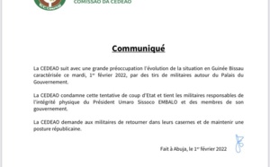 Guinée Bissau : La Cedeao condamne une tentative de coup d’Etat et tient les militaires pour responsables de l’intégrité physique du Président Embalo