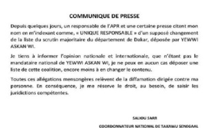 La liste de Yewwi Askan Wi pour les Législatives départementales : l’accusé Saliou Sarr réagit et menace…