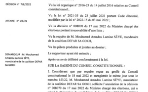 Décision n°7 : Le Conseil Constitutionnel rejette le recours de DEFAR SA GOKH (Document)