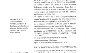 Conseil Constitutionnel : le recours de Abdoulaye Thiam Guissé, mandataire national d'ASCOSEN-FORCE OUVRIERE, rejeté