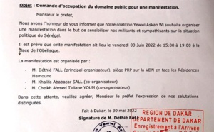Manifestation populaire du 3 juin 2022 : YAW a déposé la note d'information auprès du Préfet de Dakar (Document)