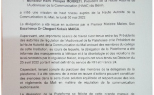 Une délégation de la Plateforme des régulateurs de l’audiovisuel des pays membres de l’UEMOA et de la Guinée, reçue en audience par le Premier ministre malien