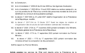 Décret n° 2022 - 1777 portant répartition des services de l’Etat et du contrôle des établissements publics, des sociétés nationales et des sociétés à participation publique entre la Présidence de la République, la Primature et les ministères