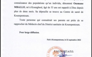Centre de santé de Koumpentoum: La dépouille de Ousmane Mballo, 53 ans, en souffrance depuis plus de 2 mois