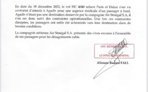 Desserte à Agadir / Le vol HC4040 indexé: Air Sénégal apporte des précisions