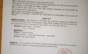 Arrondissement de Dagoudane Pikine : Arrêté réglementant les horaires et itinéraire d’une manifestation sur la voie publique.