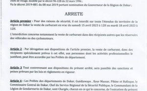Arrêté du Gouverneur de la région de Dakar du 14 avril 2023, portant interdiction temporaire de vente de carburant en vrac