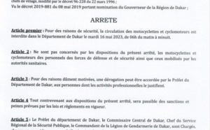 Département de Dakar: Arrêté portant interdiction temporaire de circulation de motos