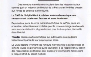 Livraison de blessés aux FDS : La CME de l’hôpital de la Paix dément et précise que ces rumeurs sont totalement fausses et sans fondement