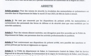 Procès Ousmane Sonko-Adji Sarr : Arrêté portant interdiction temporaire de circulation des motos dans le département de Dakar
