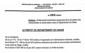 Dakar: Le préfet interdit la circulation de motos, ce dimanche