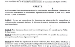 Arrêté du Gouverneur de Dakar: Interdiction temporaire de circulation des motos dans la région de Dakar, du vendredi 28 au lundi 31 juillet 2023, à mimuit