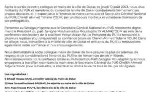 Les Conseillers du Pur condamnent les "propos déplacés et irrespectueux" de Barthélémy Dias envers Cheikh Ahmed Tidiane Youm