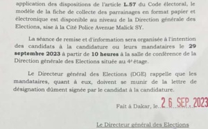 Le modèle de la fiche de collecte des parrainages disponible: La séance de remise et d'information prévue le 29 septembre (DGE)